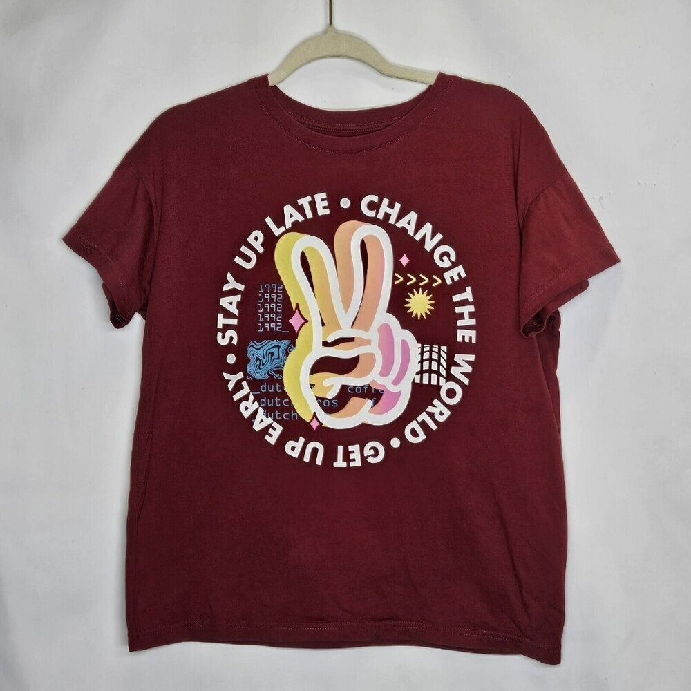 Dutch Bros T-Shirt Adult Size‎ Medium Uniform Work Red Stay Up Late Change World